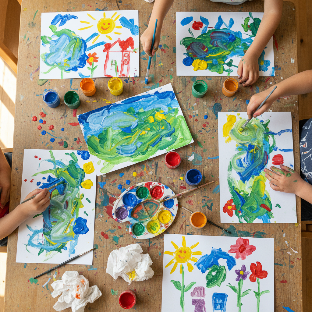 Varios niños pintan con acuarelas sobre hojas de papel colocadas en una mesa de madera manchada de pintura.