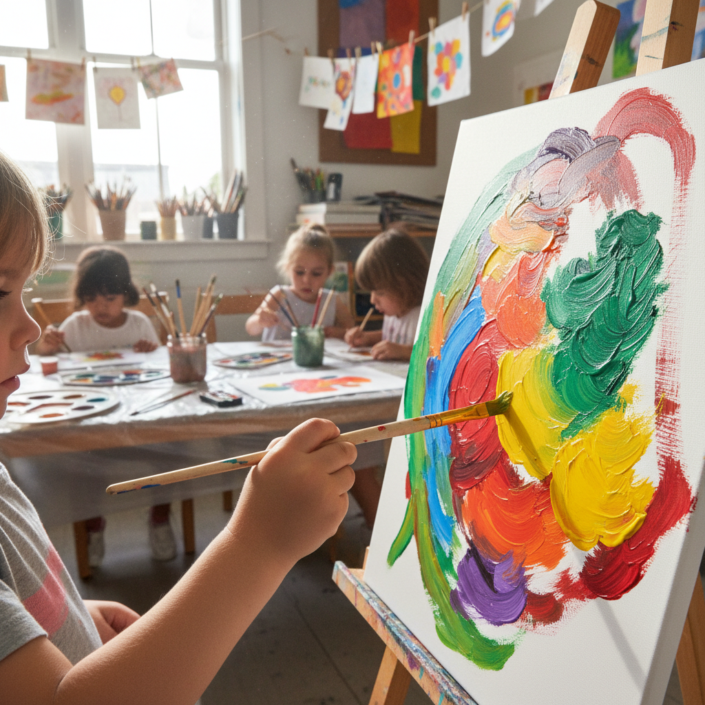 Un niño pinta con un pincel sobre un lienzo en un aula llena de otros niños realizando actividades artísticas.